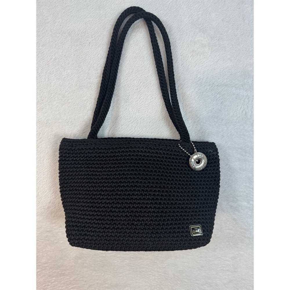 The Sak Crochet hand Bag Black Small 2 Strap Handles Zip Purse Charm Logo 6x8"
